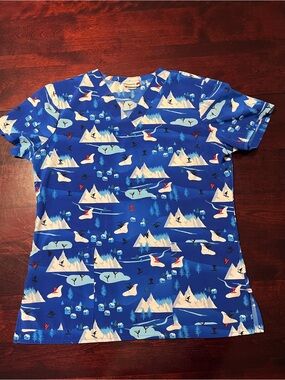 WHITE Cross Blue Ski Resort Print Scrub top